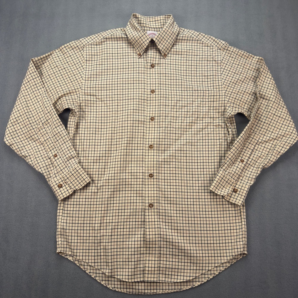 Brooks Brothers 346 Mens Small Non-Iron Cotton Tattersall Button Down Shirt Tan